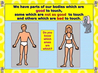 We have parts of our bodies which are   good   to touch, some which are   not so good  to touch and others which are   bad  to touch. Do you know which areas are which? 