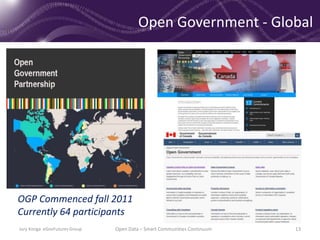 Open Government - Global
OGP Commenced fall 2011
Currently 64 participants
Jury Konga eGovFutures Group Open Data – Smart Communities Continuum 13
 