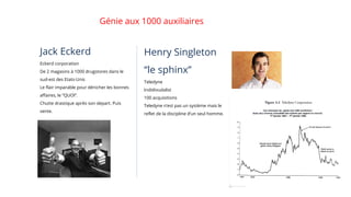 Jack Eckerd
Eckerd corporation
De 2 magasins à 1000 drugstores dans le
sud-est des Etats-Unis
Le flair imparable pour dénicher les bonnes
affaires, le “QUOI”.
Chutte drastique après son depart. Puis
vente.
Génie aux 1000 auxiliaires
Henry Singleton
“le sphinx”
Teledyne
Indidivudalist
100 acquisitions
Teledyne n’est pas un système mais le
reflet de la discipline d’un seul homme.
 