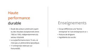 Haute
performance
durable
• Etude des acteurs américains ayant
eu des résultats exceptionnels entre
1965 et 1995, indépendamment du
secteur d’activité
• La surperformance dure 15 ans, ce
n’est pas un phénomène épisodique.
• 11 entreprises retenues sur
Fortune500.
Enseignements
• Ce qui différencie une “bonne
entreprise” et “une entreprise en or »
• Posture de dirigeant
• Ingrédients du succès
 