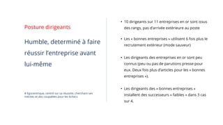 Humble, determiné à faire
réussir l’entreprise avant
lui-même
# Egocentrique, centré sur sa réussite, cherchant ses
mérites et des coupables pour les échecs
Posture dirigeants
• 10 dirigeants sur 11 entreprises en or sont issus
des rangs, pas d’arrivée extérieure au poste
• Les « bonnes entreprises » utilisent 6 fois plus le
recrutement extérieur (mode sauveur)
• Les dirigeants des entreprises en or sont peu
connus (peu ou pas de parutions presse pour
eux. Deux fois plus d’articles pour les « bonnes
entreprises »).
• Les dirigeants des « bonnes entreprises »
installent des successeurs « faibles » dans 3 cas
sur 4.
 