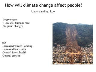 How will climate change affect people?
Understanding: Low
Everywhere:
●How will humans react
●Surprise changes
WA
●Increased winter flooding
●Increased landslides
●Overall forest health
●Coastal erosion
 