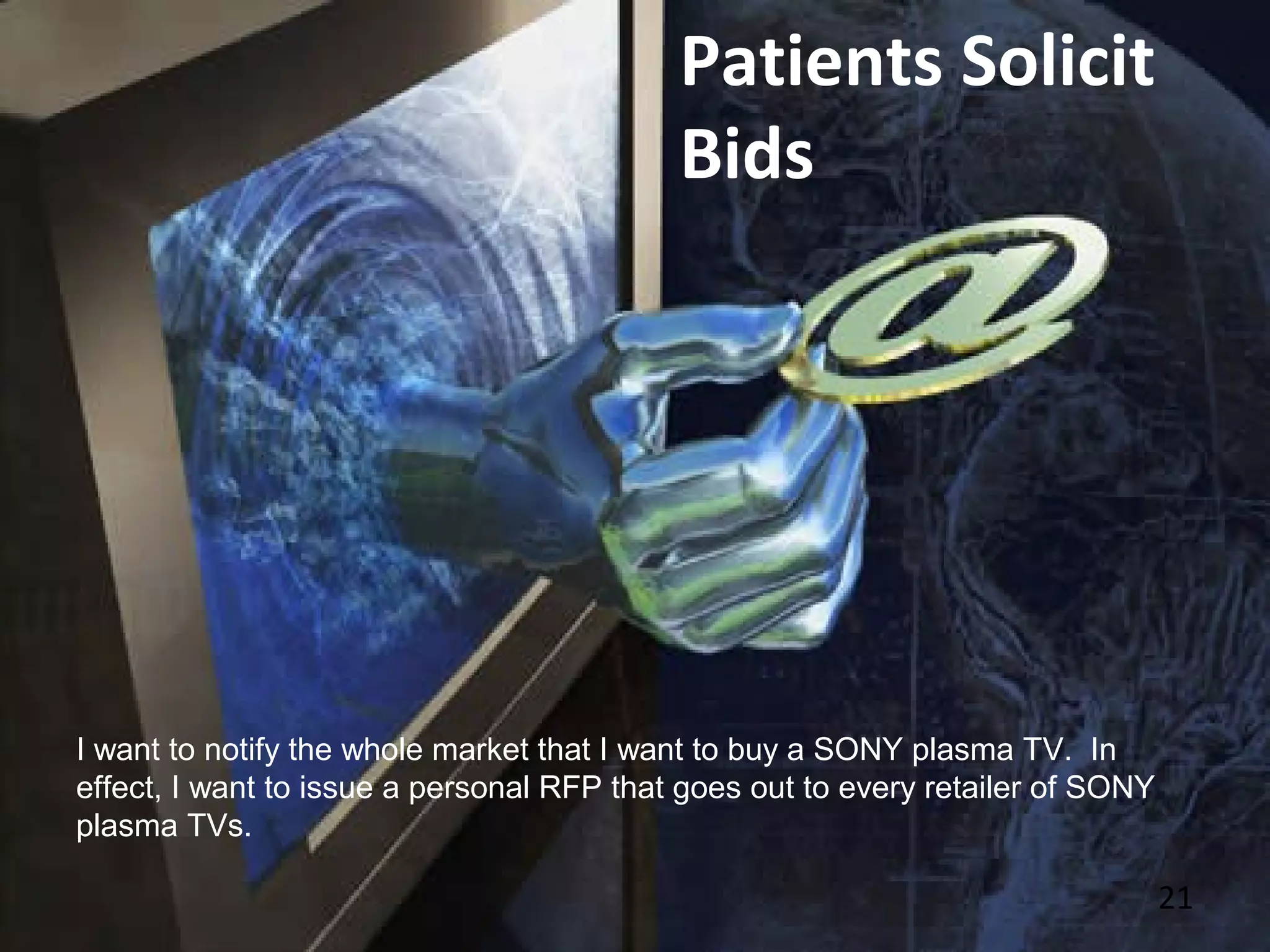 21
Patients Solicit
Bids
I want to notify the whole market that I want to buy a SONY plasma TV. In
effect, I want to issue a personal RFP that goes out to every retailer of SONY
plasma TVs.
 