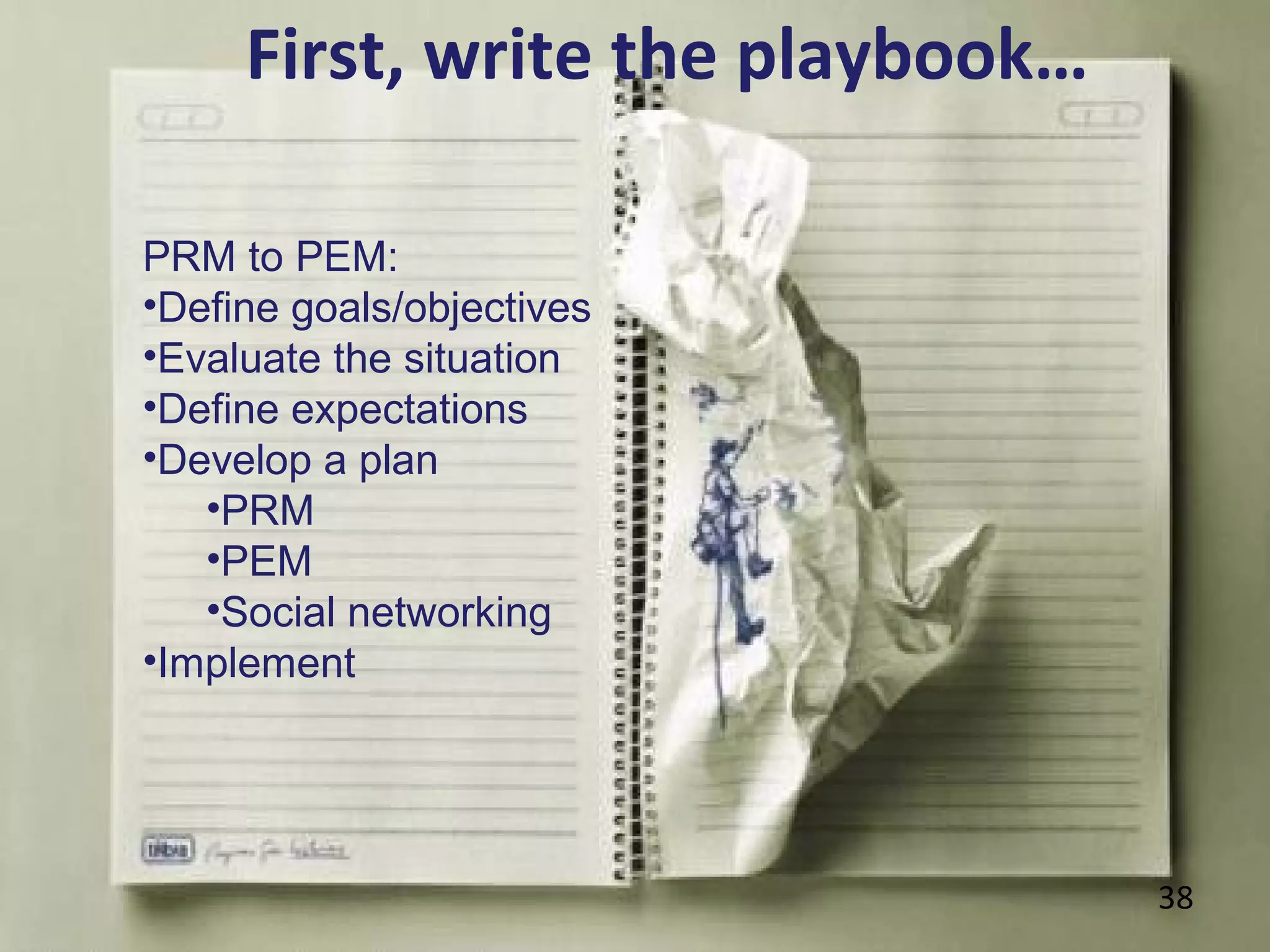 38
First, write the playbook…
PRM to PEM:
•Define goals/objectives
•Evaluate the situation
•Define expectations
•Develop a plan
•PRM
•PEM
•Social networking
•Implement
 