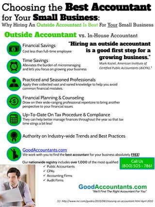 Choosing the Best Accountant
for Your Small Business:

Why Hiring An Outside Accountant Is Best For Your Small Business

Outside Accountant vs. In-House Accountant
“Hiring an outside accountant
is a good first step for a
Cost less than full-time employee
growing business.” 	
  	
  
Financial Savings:
Time Savings

Alleviates the burden of micromanaging
and let’s you focus on growing your business

Mark	
  Koziel,	
  American	
  Ins@tute	
  of	
  	
  
Cer@ﬁed	
  Public	
  Accountants	
  (AICPA).1	
  

Practiced and Seasoned Professionals

Apply their collected vast and varied knowledge to help you avoid
common financial mistakes.

Financial Planning & Counseling

Draw on their wide-ranging professional repertoire to bring another
perspective to your financial issues.

Up-To-Date On Tax Procedure & Compliance

They can help better manage finances throughout the year so that tax
time stings a bit less!

Authority on Industry-wide Trends and Best Practices
GoodAccountants.com

We work with you to find the best accountant for your business absolutely FREE!	
  
Our nationwide registry includes over 1,000 of the most qualified
ü  Public Accountants
ü  CPAs
ü  Accounting Firms
ü  Audit Firms

Call Us
(800) 505 - 7861

(1)	
  	
  h&p://www.inc.com/guides/2010/04/choosing-­‐an-­‐accountant.html	
  April	
  2010	
  	
  

 