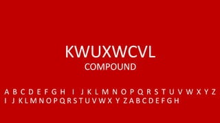KWUXWCVL
A B C D E F G H I J K L M N O P Q R S T U V W X Y Z
I J K L M N O P Q R S T U V W X Y Z A B C D E F G H
COMPOUND
 