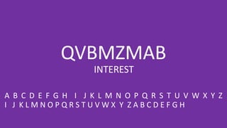 QVBMZMAB
A B C D E F G H I J K L M N O P Q R S T U V W X Y Z
I J K L M N O P Q R S T U V W X Y Z A B C D E F G H
INTEREST
 