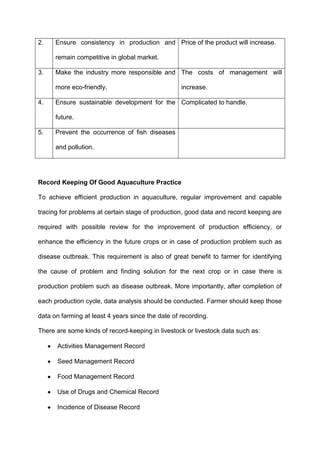 2.    Ensure consistency in production and Price of the product will increase.

      remain competitive in global market.

3.    Make the industry more responsible and The costs of management will

      more eco-friendly.                           increase.

4.    Ensure sustainable development for the Complicated to handle.

      future.

5.    Prevent the occurrence of fish diseases

      and pollution.




Record Keeping Of Good Aquaculture Practice

To achieve efficient production in aquaculture, regular improvement and capable

tracing for problems at certain stage of production, good data and record keeping are

required with possible review for the improvement of production efficiency, or

enhance the efficiency in the future crops or in case of production problem such as

disease outbreak. This requirement is also of great benefit to farmer for identifying

the cause of problem and finding solution for the next crop or in case there is

production problem such as disease outbreak. More importantly, after completion of

each production cycle, data analysis should be conducted. Farmer should keep those

data on farming at least 4 years since the date of recording.

There are some kinds of record-keeping in livestock or livestock data such as:

      Activities Management Record

      Seed Management Record

      Food Management Record

      Use of Drugs and Chemical Record

      Incidence of Disease Record
 