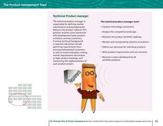 24The Strategic Role of Product Management How a market-driven focus leads companies to build products people want to buy
The Product Management Triad
Technical Product Manager
The technical product manager is
responsible for defining market
requirements and packaging the
features into product releases.This
position involves close interaction
with development leads, product
architects, and key customers.
A strong technical background
is required. Job duties include
gathering requirements from
existing and potential customers
as well as recent evaluators, writing
market requirements documents
or Agile product backlogs, and
monitoring the implementation of
each product project.
The technical product manager must:
•	 Conduct technology assessment
•	 Analyze the competitive landscape
•	 Maintain the product portfolio roadmap
•	 Monitor and incorporating industry innovations
•	 Define user personas for individual products
•	 Write product requirements and use scenarios
•	 Maintain a status dashboard for all
portfolio products
 