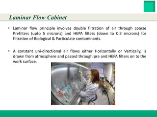 HESTER BIOSCIENCES LIMITED
www.hester.in
• Laminar flow principle involves double filtration of air through coarse
Prefilters (upto 5 microns) and HEPA filters (down to 0.3 microns) for
filtration of Biological & Particulate contaminants.
• A constant uni-directional air flows either Horizontally or Vertically, is
drawn from atmosphere and passed through pre and HEPA filters on to the
work surface.
Laminar Flow Cabinet
 