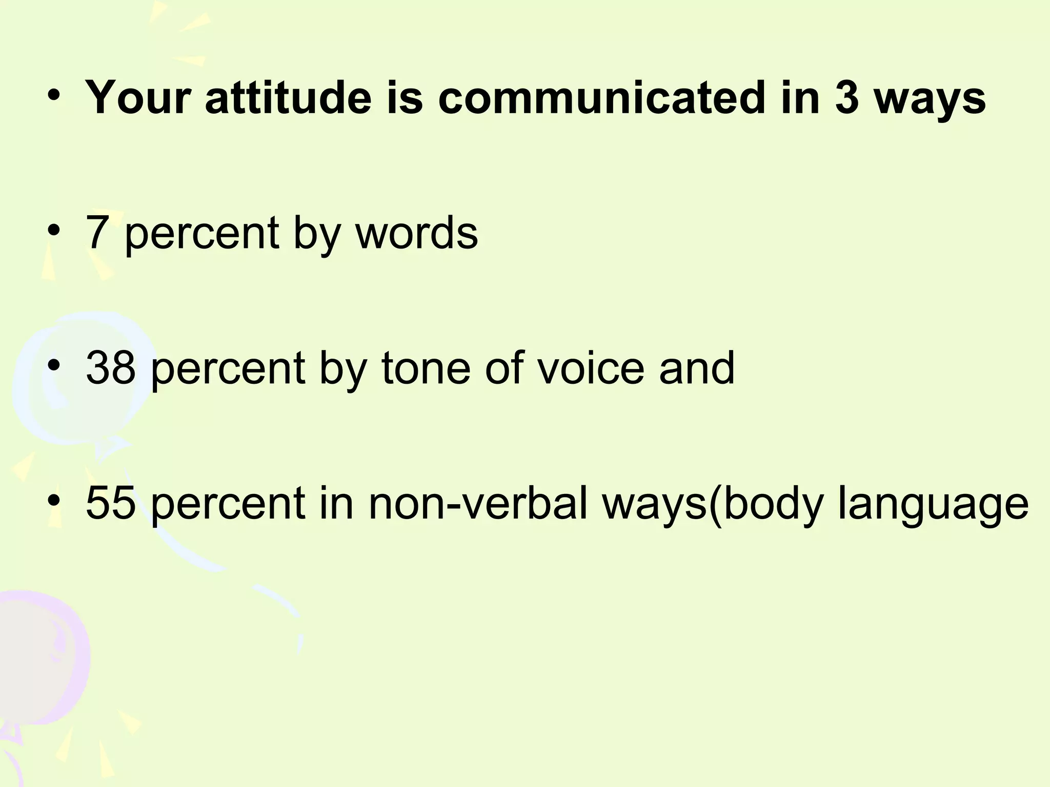 • Your attitude is communicated in 3 ways

• 7 percent by words

• 38 percent by tone of voice and

• 55 percent in non-verbal ways(body language
 