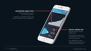 ADVANCED ANALYTICS
Keyword analysis to expand
your reach & audience
Analyze your competitors’ tactics and
receive improvement recommendations
www.goodaudience.com
SOCIAL MEDIA ROI
Integrate with your favorite
analytics tool.
Track the entire funnel; from
new follower, to website visitor,
to new user sign up.
Put a dollar value on each
follower. Understand how they
contribute to your business.
 