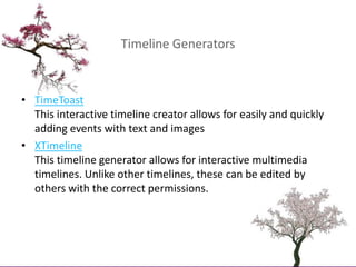 Timeline Generators<br />TimeToastThis interactive timeline creator allows for easily and quickly adding events with text ...