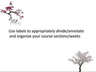    Use labels to appropriately divide/annotate and organize your course sections/weeks<br />