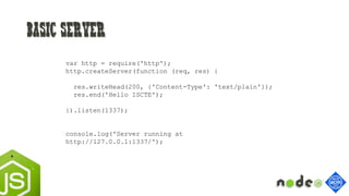 Basic Server
var http = require('http');
http.createServer(function (req, res) {
res.writeHead(200, {'Content-Type': 'text/plain'});
res.end('Hello ISCTE');
}).listen(1337);
console.log('Server running at
http://127.0.0.1:1337/');
 