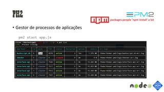 PM2
• Gestor de processos de aplicações
pm2 start app.js
packages people 'npm install' a lot
 