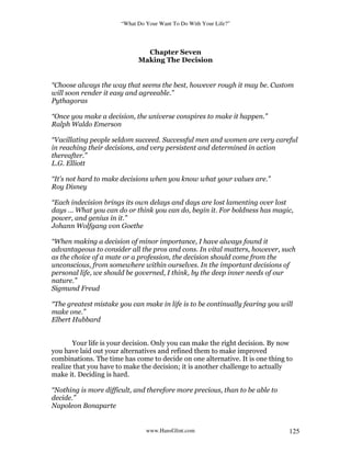 “What Do Your Want To Do With Your Life?”
www.HansGlint.com 125
Chapter Seven
Making The Decision
“Choose always the way that seems the best, however rough it may be. Custom
will soon render it easy and agreeable.”
Pythagoras
“Once you make a decision, the universe conspires to make it happen.”
Ralph Waldo Emerson
“Vacillating people seldom succeed. Successful men and women are very careful
in reaching their decisions, and very persistent and determined in action
thereafter.”
L.G. Elliott
“It's not hard to make decisions when you know what your values are.”
Roy Disney
“Each indecision brings its own delays and days are lost lamenting over lost
days ... What you can do or think you can do, begin it. For boldness has magic,
power, and genius in it.”
Johann Wolfgang von Goethe
“When making a decision of minor importance, I have always found it
advantageous to consider all the pros and cons. In vital matters, however, such
as the choice of a mate or a profession, the decision should come from the
unconscious, from somewhere within ourselves. In the important decisions of
personal life, we should be governed, I think, by the deep inner needs of our
nature.”
Sigmund Freud
“The greatest mistake you can make in life is to be continually fearing you will
make one.”
Elbert Hubbard
Your life is your decision. Only you can make the right decision. By now
you have laid out your alternatives and refined them to make improved
combinations. The time has come to decide on one alternative. It is one thing to
realize that you have to make the decision; it is another challenge to actually
make it. Deciding is hard.
“Nothing is more difficult, and therefore more precious, than to be able to
decide.”
Napoleon Bonaparte
 