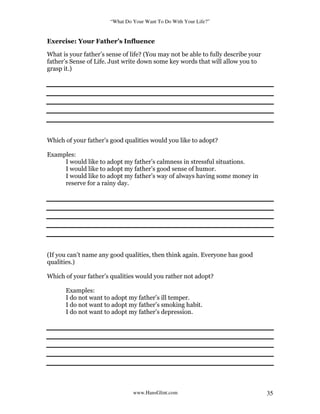 “What Do Your Want To Do With Your Life?”
www.HansGlint.com 35
Exercise: Your Father’s Influence
What is your father’s sense of life? (You may not be able to fully describe your
father’s Sense of Life. Just write down some key words that will allow you to
grasp it.)
Which of your father’s good qualities would you like to adopt?
Examples:
I would like to adopt my father’s calmness in stressful situations.
I would like to adopt my father’s good sense of humor.
I would like to adopt my father’s way of always having some money in
reserve for a rainy day.
(If you can’t name any good qualities, then think again. Everyone has good
qualities.)
Which of your father’s qualities would you rather not adopt?
Examples:
I do not want to adopt my father’s ill temper.
I do not want to adopt my father’s smoking habit.
I do not want to adopt my father’s depression.
 