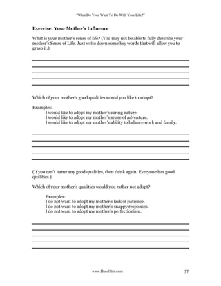 “What Do Your Want To Do With Your Life?”
www.HansGlint.com 37
Exercise: Your Mother’s Influence
What is your mother’s sense of life? (You may not be able to fully describe your
mother’s Sense of Life. Just write down some key words that will allow you to
grasp it.)
Which of your mother’s good qualities would you like to adopt?
Examples:
I would like to adopt my mother’s caring nature.
I would like to adopt my mother’s sense of adventure.
I would like to adopt my mother’s ability to balance work and family.
(If you can’t name any good qualities, then think again. Everyone has good
qualities.)
Which of your mother’s qualities would you rather not adopt?
Examples:
I do not want to adopt my mother’s lack of patience.
I do not want to adopt my mother’s snappy responses.
I do not want to adopt my mother’s perfectionism.
 