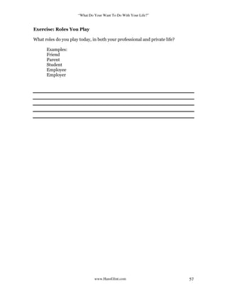 “What Do Your Want To Do With Your Life?”
www.HansGlint.com 57
Exercise: Roles You Play
What roles do you play today, in both your professional and private life?
Examples:
Friend
Parent
Student
Employee
Employer
 