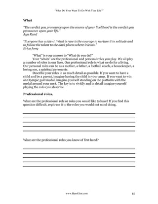 “What Do Your Want To Do With Your Life?”
www.HansGlint.com 85
What
“The verdict you pronounce upon the source of your livelihood is the verdict you
pronounce upon your life.”
Ayn Rand
“Everyone has a talent. What is rare is the courage to nurture it in solitude and
to follow the talent to the dark places where it leads.”
Erica Jong
“What” is your answer to “What do you do?”
Your “whats” are the professional and personal roles you play. We all play
a number of roles in our lives. Our professional role is what we do for a living.
Our personal roles can be as a mother, a father, a football coach, a housekeeper, a
loving son, a spiritual person etc.
Describe your roles in as much detail as possible. If you want to have a
child and be a parent, imagine having the child in your arms. If you want to win
an Olympic gold medal, imagine yourself standing on the platform with the
medal around your neck. The key is to vividly and in detail imagine yourself
playing the roles you describe.
Professional roles.
What are the professional role or roles you would like to have? If you find this
question difficult, rephrase it to the roles you would not mind doing.
What are the professional roles you know of first hand?
 
