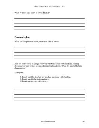“What Do Your Want To Do With Your Life?”
www.HansGlint.com 86
What roles do you know of second hand?
Personal roles.
What are the personal roles you would like to have?
Also list some ideas of things you would not like to do with your life. Taking
choices away can be just as important as finding them. Often it’s a relief to take
choices away.
Examples:
I do not want to do what my mother has done with her life.
I do not want to be in the rat race.
I do not want to work for others.
 