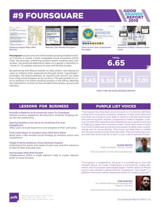 #9 foursquare                                                                                                          2010




Enhances Digital Maps With           Matches Like-Minded Strangers       Gives Active Users Superpower        Reinvents College Campus Experi-
Reviews                                                                  Privileges                           ences


Foursquare has become one of the fastest growing mobile brands,
as it strives to create a more integrated social ecosystem within                                        total


                                                                                                   6.65
cities. By elusively combining location-based tracking with user
reviews, the practical application takes on a gamer’s mentality to
“check-in” for greater exposure to new and familiar locales.

By partnering with Bing to bolster its data stream, and relying on
users to enhance their experiences through tiered “superpower”
privileges, the brand attempts to improve how we live our daily            innovation       responsiBility      community         imaGination
lives using social progress as its currency. The app propels its us-
ers to achieve in an online world by doing it in the offline, allowing
the individual to connect to like-minded communities, groups and
                                                                          7.43 5.50 6.66 7.01
interests.

                                                                                         First time on good Brands report




         lessons for Business                                                           purple list voices
provide a platform and incentivize users to contribute                   “Foursquare has only been around a year, so it’s hard to call them
Shared currency appeals to all consumers involved, bringing val-         a long-term innovative company. However, in that short period of
ue into the relationship.                                                time they are trying to push idea of check-in into the mainstream
                                                                         and partnering with interest companies to make it happen. Com-
gaming dynamics can serve as incentives For user                         ing out with their beta Business Dashboard was a great move and
engagement                                                               is helping to keep their company small. I think their most innova-
Allow users to build experience and progress at their own pace.          tive move to date was giving up some power to allow users to edit,
                                                                         merge and fix venue listings. That move has kept them a nimble
Find useful ways to connect users with each other                        but strong company to be reckoned with. They are listening to us-
Build upon a like-minded social strategy to enhance action and           ers and have done a lot for a start in such a short period of time.”
involvement.

target a niche audience, prove demand, expand
Understand the wants and needs of each user and find solutions                                                  duane Brown
to best fit their everyday lives.                                                           Digital Strategist, Toronto, Canada

                                                                                 http://purplelist.com/members/duanebrown
partnerships help with growth
Collaborations within a single platform help to create relevant
goals to move forward.

                                                                         “Foursquare is imaginative, because it is something no one had
                                                                         thought about. As usual, imagination is nurtured by reality ele-
                                                                         ments and Foursquare rearranged Zagat, Twitter, Word of Mouth
                                                                         tactics and people’s self-promotion tendencies. The result is a
                                                                         platform that soon will be measured media for small businesses.”



                                                                                                               iVan sanCHez
                                                                                        Dir of Brand Planning and Development
                                                                                                             Bogotá, Colombia

                                                                                  http://purplelist.com/members/ivansanchez


            466 B ROOM E STREE T 2N D FLOOR
            N E W YORK , NY 1 0 013 USA
            +1 6 46 520 4665 W W W. PSFK .COM                                                                 Good Brands Report 2010  13
 