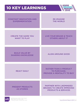 10 key learninGs                                           2010



constant innovation and                      re-imagine
    experimentation                          the world




  create the game you                  live your Brand & teach
     want to play                           others aBout it




    Build value By
                                         align around good
  sharing Knowledge




                                        rather than a product
            react daily                     to purchase,
                                      provide a mentality to Buy




                                       partner with liKeminded
    present products
                                      Brands to create improved
       as stories
                                         products & services



  466 B ROOM E STREE T 2N D FLOOR
  N E W YORK , NY 1 0 013 USA
  +1 6 46 520 4665 W W W. PSFK .COM                Good Brands Report 2010  3
 