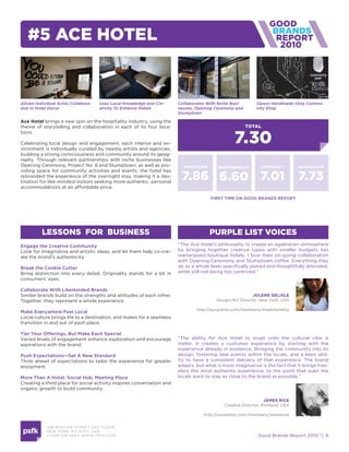 #5 ace hotel                                                                                                        2010




Allows Individual Artist Collabora-   Uses Local Knowledge and Cre-    Collaborates With Niche Busi-        Opens Handmade-Only Commu-
tion In Hotel Decor                   ativity To Enhance Hotels        nesses, Opening Ceremony and         nity Shop
                                                                       Stumptown

ace Hotel brings a new spin on the hospitality industry, using the
theme of storytelling and collaboration in each of its four loca-                                      total


                                                                                                 7.30
tions.

Celebrating local design and engagement, each interior and en-
vironment is individually curated by nearby artists and agencies,
building a strong consciousness and community around its geog-
raphy. Through relevant partnerships with niche businesses like
Opening Ceremony, Project No. 8 and Stumptown, as well as pro-           innovation      responsiBility       community        imaGination
viding space for community activities and events, the hotel has
rebranded the experience of the overnight stay, making it a des-
tination for like-minded visitors seeking more authentic, personal
                                                                        7.86 6.60 7.01                                         7.73
accommodations at an affordable price.

                                                                                      First time on good Brands report




          lessons for Business                                                        purple list voices
engage the creative community                                          “The Ace Hotel’s philosophy to create an egalitarian atmosphere
Look for imaginative and artistic ideas, and let them help co-cre-     by bringing together creative types with smaller budgets has
ate the brand’s authenticity.                                          reenergized boutique hotels. I love their on-going collaboration
                                                                       with Opening Ceremony and Stumptown coffee. Everything they
Break the cookie cutter                                                do as a whole feels specifically placed and thoughtfully attended,
Bring distinction into every detail. Originality stands for a lot in   while still not being too contrived.”
consumers’ eyes.

collaborate with likeminded Brands
Similar brands build on the strengths and attitudes of each other.                                       Jolene delisle
Together, they represent a whole experience.                                            Design/Art Director, New York, USA

                                                                               http://purplelist.com/members/madeitpretty
make everywhere Feel local
Local culture brings life to a destination, and makes for a seamless
transition in and out of each place.

tier your offerings, But make each special
Varied levels of engagement enhance exploration and encourage          “The ability for Ace Hotel to erupt onto the cultural vibe is
aspirations with the brand.                                            stellar. It creates a customer experience by starting with the
                                                                       experience already in existence. Bringing the community into its
push expectations—set a new standard                                   design, fostering new events within the locals, and a keen abil-
Think ahead of expectations to tailor the experience for greater       ity to have a consistent delivery of that experience. The brand
enjoyment.                                                             adapts, but what is most imaginative is the fact that it brings trav-
                                                                       elers the most authentic experience, to the point that even the
more than a hotel: social hub, meeting place                           locals want to stay as close to the brand as possible.”
Creating a third place for social activity inspires conversation and
organic growth to build community.

                                                                                                                JaMes riCe
                                                                                            Creative Director, Portland, USA

                                                                                  http://purplelist.com/members/jamesrice


            466 B ROOM E STREE T 2N D FLOOR
            N E W YORK , NY 1 0 013 USA
            +1 6 46 520 4665 W W W. PSFK .COM                                                               Good Brands Report 2010  9
 