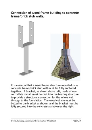 Good Building Design and Construction Handbook Page 25
Connection of wood frame building to concrete
frame/brick stub walls.
It is essential that a wood frame structure mounted on a
concrete frame/brick stub wall must be fully anchored
together. A bracket, as shown above left, made of non-
corrodible metal, must be cast into the bearing structure
to provide a structural connection for the whole wall
through to the foundation. The wood column must be
bolted to the bracket as shown, and the bracket must be
fully secured into the concrete as shown on the right.
 