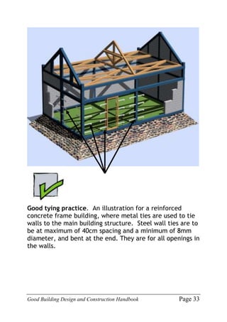 Good Building Design and Construction Handbook Page 33
Good tying practice. An illustration for a reinforced
concrete frame building, where metal ties are used to tie
walls to the main building structure. Steel wall ties are to
be at maximum of 40cm spacing and a minimum of 8mm
diameter, and bent at the end. They are for all openings in
the walls.
 