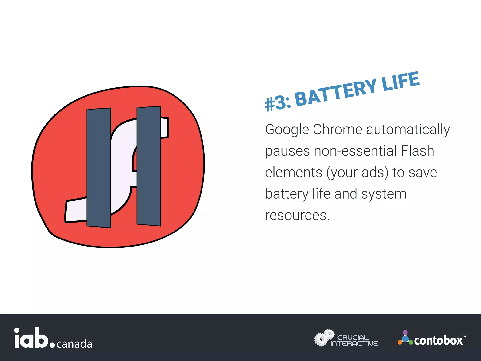 Google Chrome automatically
pauses non-essential Flash
elements (your ads) to save
battery life and system
resources.
#3: BATTERY LIFE
 
