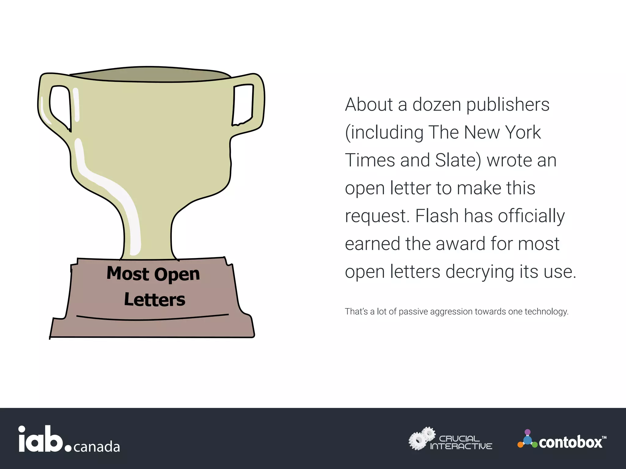 About a dozen publishers
(including The New York
Times and Slate) wrote an
open letter to make this
request. Flash has officially
earned the award for most
open letters decrying its use.
That’s a lot of passive aggression towards one technology.
 