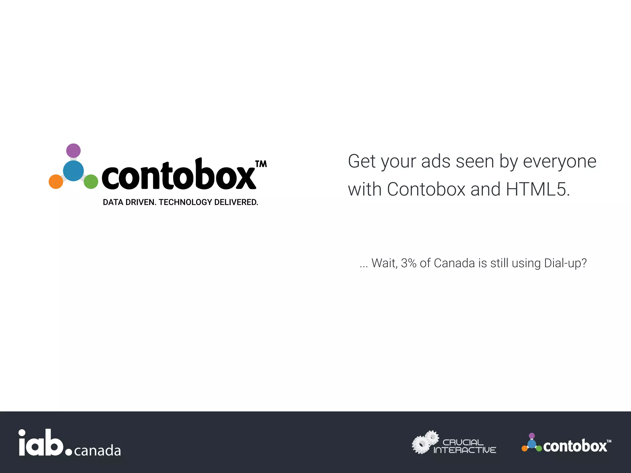 ... Wait, 3% of Canada is still using Dial-up?
Get your ads seen by everyone
with Contobox and HTML5.
 