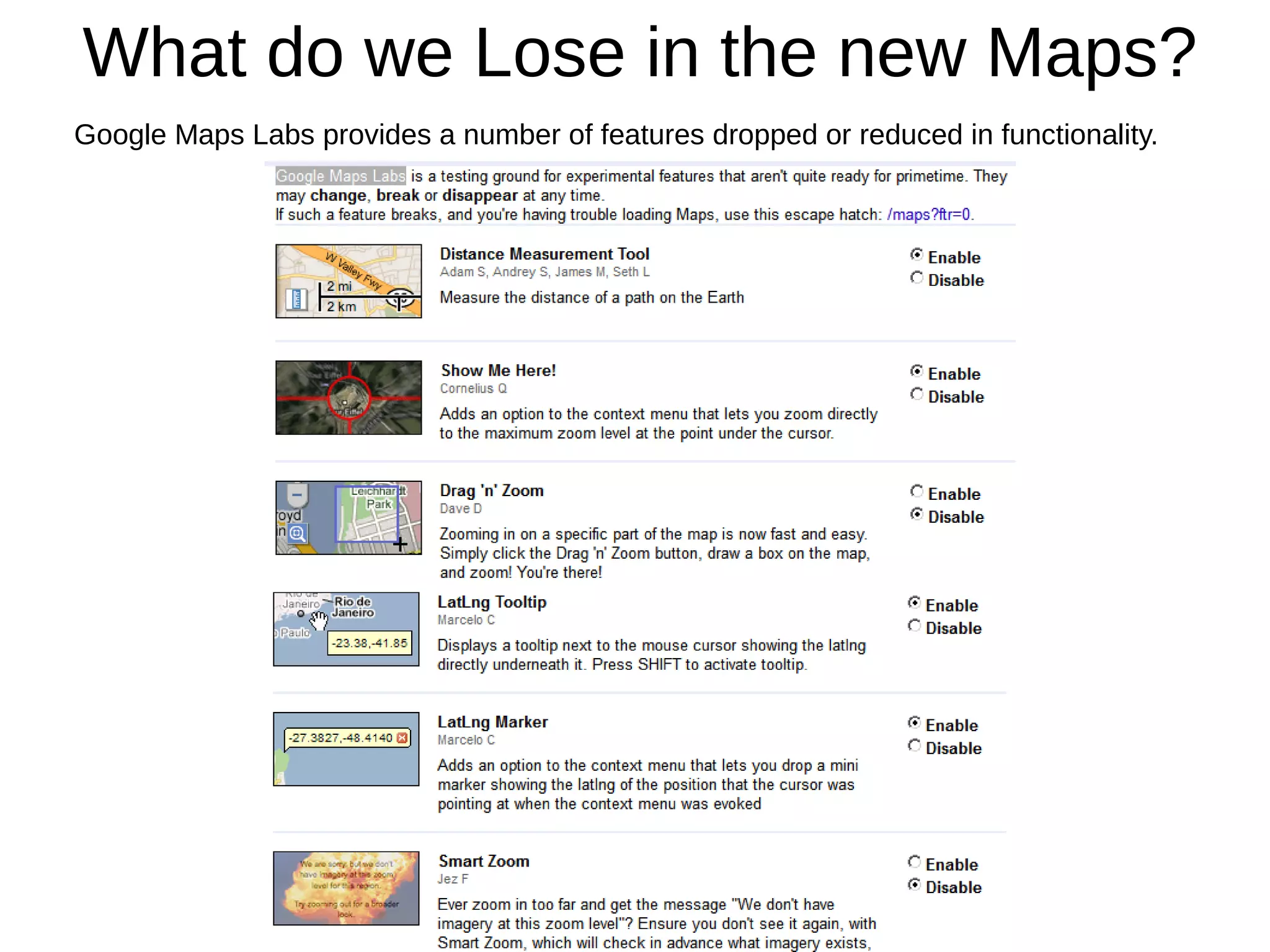 What do we Lose in the new Maps?
Google Maps Labs provides a number of features dropped or reduced in functionality.
 