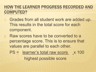 HOW THE LEARNER PROGRESS RECORDED AND
COMPUTED?
1. Grades from all student work are added up.
This results in the total score for each
component.
2. Raw scores have to be converted to a
percentage score. This is to ensure that
values are parallel to each other.
PS = learner’s total raw score x 100
highest possible score
 