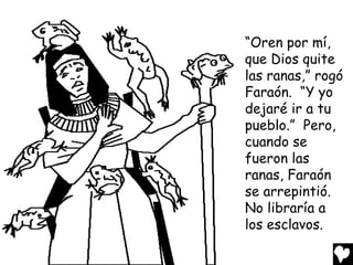 “Oren por mí,
que Dios quite
las ranas,” rogó
Faraón. “Y yo
dejaré ir a tu
pueblo.” Pero,
cuando se
fueron las
ranas, Faraón
se arrepintió.
No libraría a
los esclavos.
 