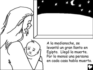 A la medianoche, se
levantó un gran llanto en
Egipto. Llegó la muerte.
Por lo menos una persona
en cada casa había muerto.
 