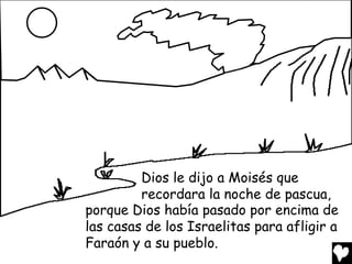 Dios le dijo a Moisés que
         recordara la noche de pascua,
porque Dios había pasado por encima de
las casas de los Israelitas para afligir a
Faraón y a su pueblo.
 