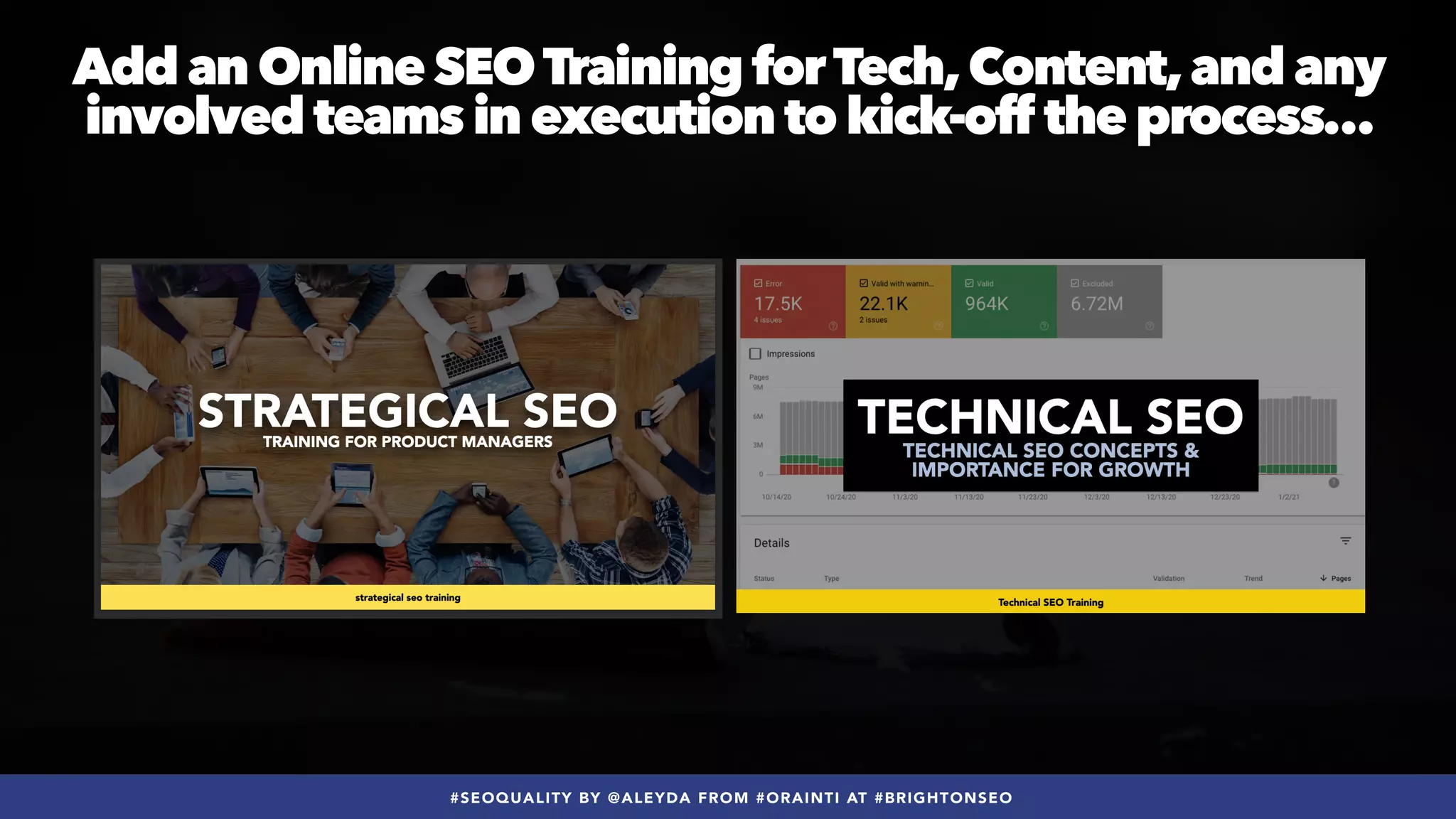 #SEOQUALITY BY @ALEYDA FROM #ORAINTI AT #BRIGHTONSEO
Add an Online SEOTraining forTech,Content,and any
involved teams in execution to kick-off the process…
 