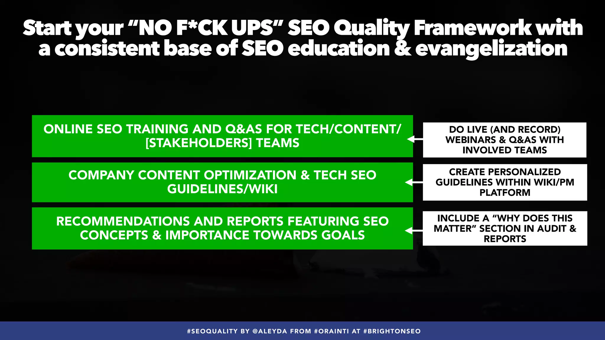 #SEOQUALITY BY @ALEYDA FROM #ORAINTI AT #BRIGHTONSEO
Start your “NO F*CKUPS” SEO Quality Framework with
 
a consistent base of SEO education & evangelization
COMPANY CONTENT OPTIMIZATION & TECH SEO
GUIDELINES/WIKI
ONLINE SEO TRAINING AND Q&AS FOR TECH/CONTENT/
[STAKEHOLDERS] TEAMS
RECOMMENDATIONS AND REPORTS FEATURING SEO
CONCEPTS & IMPORTANCE TOWARDS GOALS
INCLUDE A “WHY DOES THIS
MATTER” SECTION IN AUDIT &
REPORTS
CREATE PERSONALIZED
GUIDELINES WITHIN WIKI/PM
PLATFORM
DO LIVE (AND RECORD)
WEBINARS & Q&AS WITH
INVOLVED TEAMS
 
