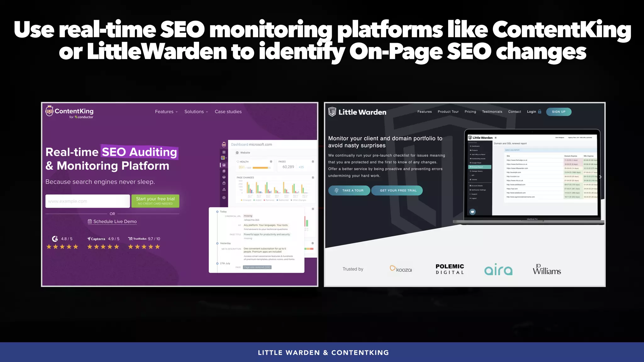 #SEOQUALITY BY @ALEYDA FROM #ORAINTI AT #BRIGHTONSEO
LITTLE WARDEN & CONTENTKING
Use real-time SEO monitoring platforms like ContentKing
or LittleWarden to identify On-Page SEO changes
 