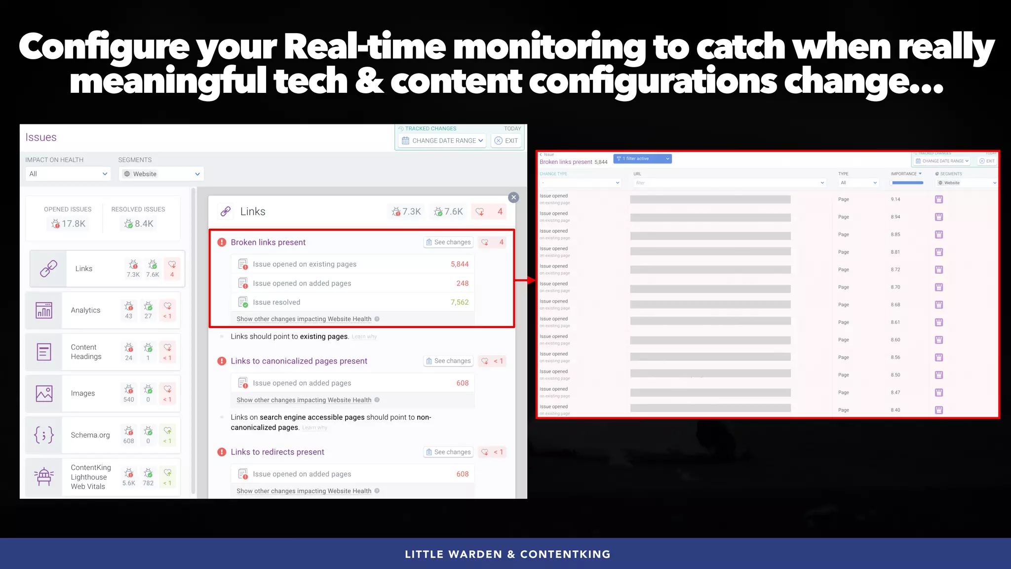 #SEOQUALITY BY @ALEYDA FROM #ORAINTI AT #BRIGHTONSEO
LITTLE WARDEN & CONTENTKING
Configure your Real-time monitoring to catch when really
meaningful tech & content configurations change…
 