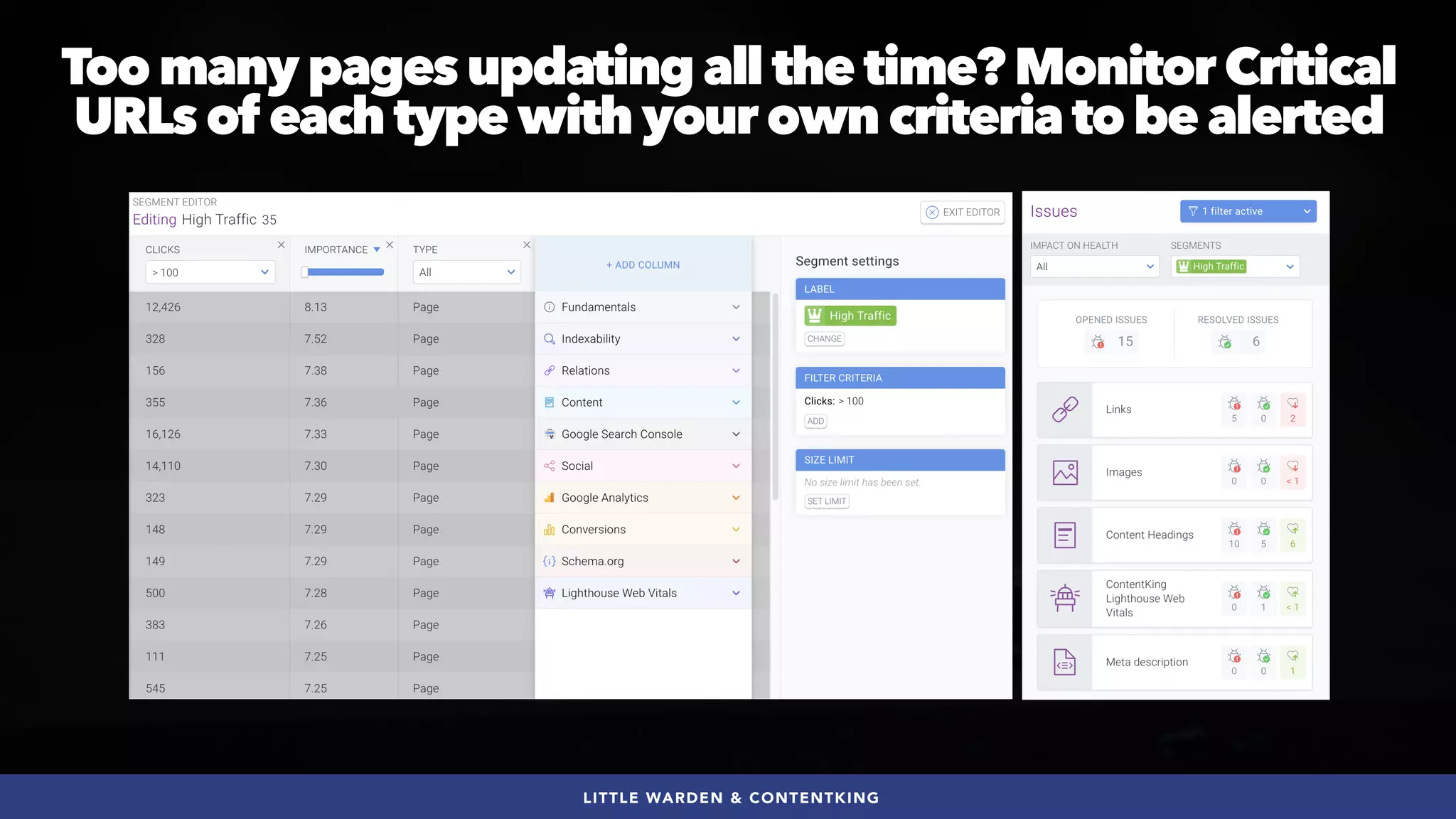 #SEOQUALITY BY @ALEYDA FROM #ORAINTI AT #BRIGHTONSEO
Too many pages updating all the time? Monitor Critical
URLs of each type with your own criteria to be alerted
LITTLE WARDEN & CONTENTKING
 