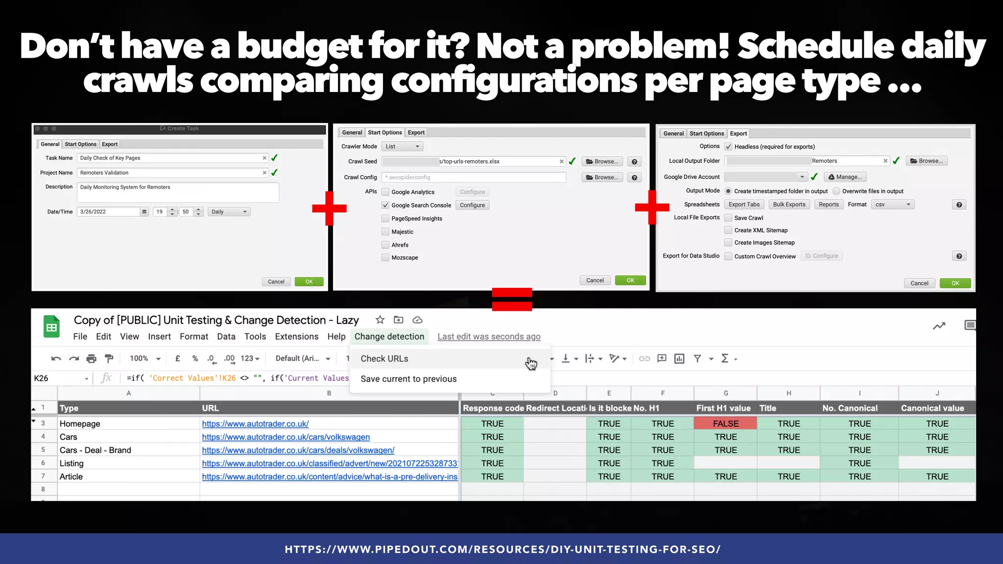 #SEOQUALITY BY @ALEYDA FROM #ORAINTI AT #BRIGHTONSEO
Don’t have a budget for it? Not a problem! Schedule daily
crawls comparing configurations per page type …
+ +
HTTPS://WWW.PIPEDOUT.COM/RESOURCES/DIY-UNIT-TESTING-FOR-SEO/
=
 