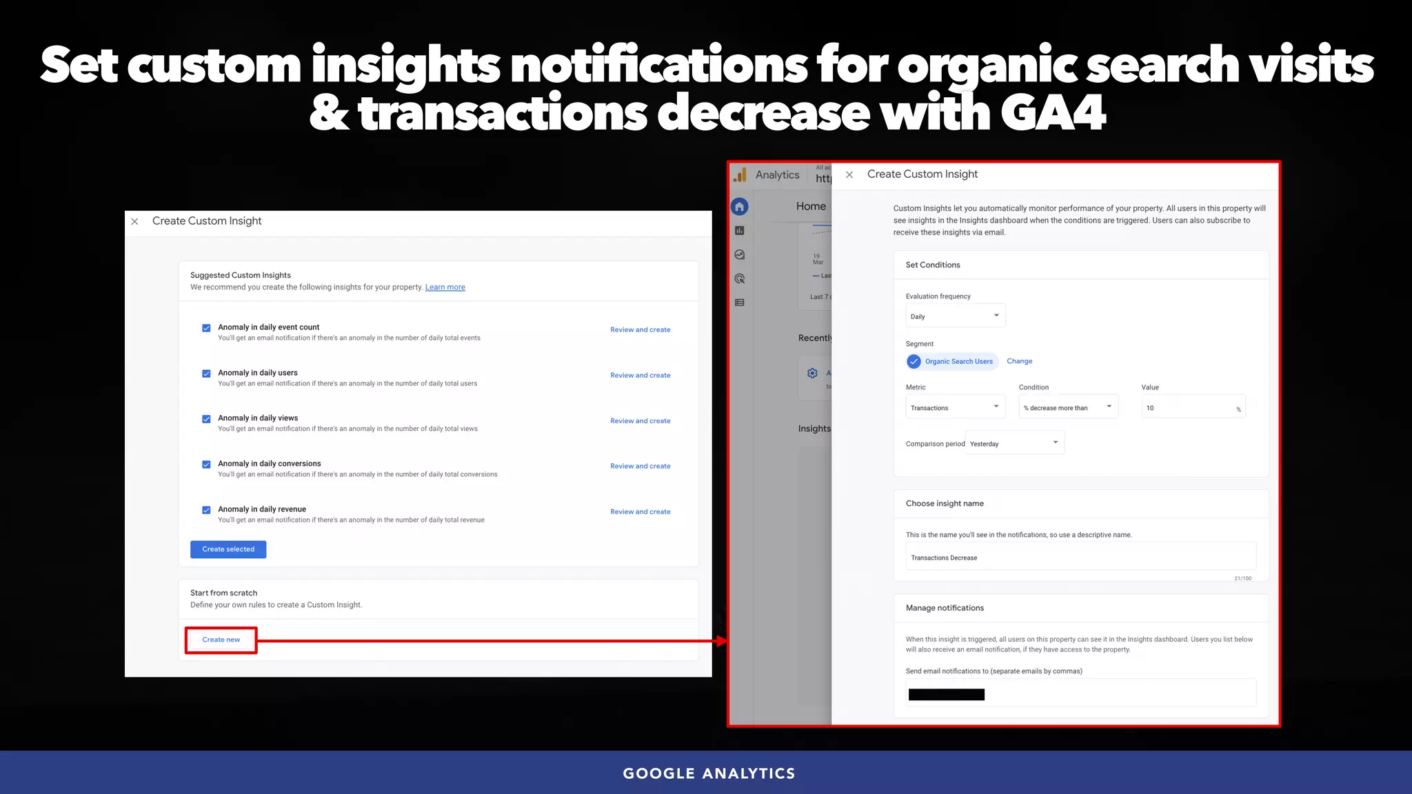 #SEOQUALITY BY @ALEYDA FROM #ORAINTI AT #BRIGHTONSEO
Set custom insights notifications for organic search visits
 
& transactions decrease with GA4
GOOGLE ANALYTICS
 