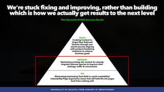 #SEOQUALITY BY @ALEYDA FROM #ORAINTI AT #BRIGHTONSEO
FIX


Eliminating/minimizing Tech Debt to avoid crawlability/
indexability/Page Experience issues that will hold the site pages
back from ranking well
IMPROVE


Optimizing existing site content for already
targeted relevant queries to Improve their
rankings, traf
fi
c & conversions
BUILD


Creating Content to
Target New Relevant
Queries through user
search journey aligning
with product/marketing
initiatives to achieve
business goals
The Pyramid of SEO Success Needs
We’re stuck fixing and improving,rather than building
which is how we actually get results to the next level
 