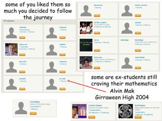 some of you liked them so
much you decided to follow
the journey

some are ex-students still
craving their mathematics
Alvin Mak
Girraween High 2004

 