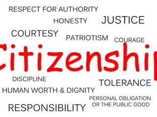 Citizenship
COURTESY
HONESTY
HUMAN WORTH & DIGNITY
JUSTICE
PATRIOTISM
PERSONAL OBLIGATION
OR THE PUBLIC GOOD
RESPECT FOR AUTHORITY
COURAGE
DISCIPLINE
TOLERANCE
RESPONSIBILITY
 