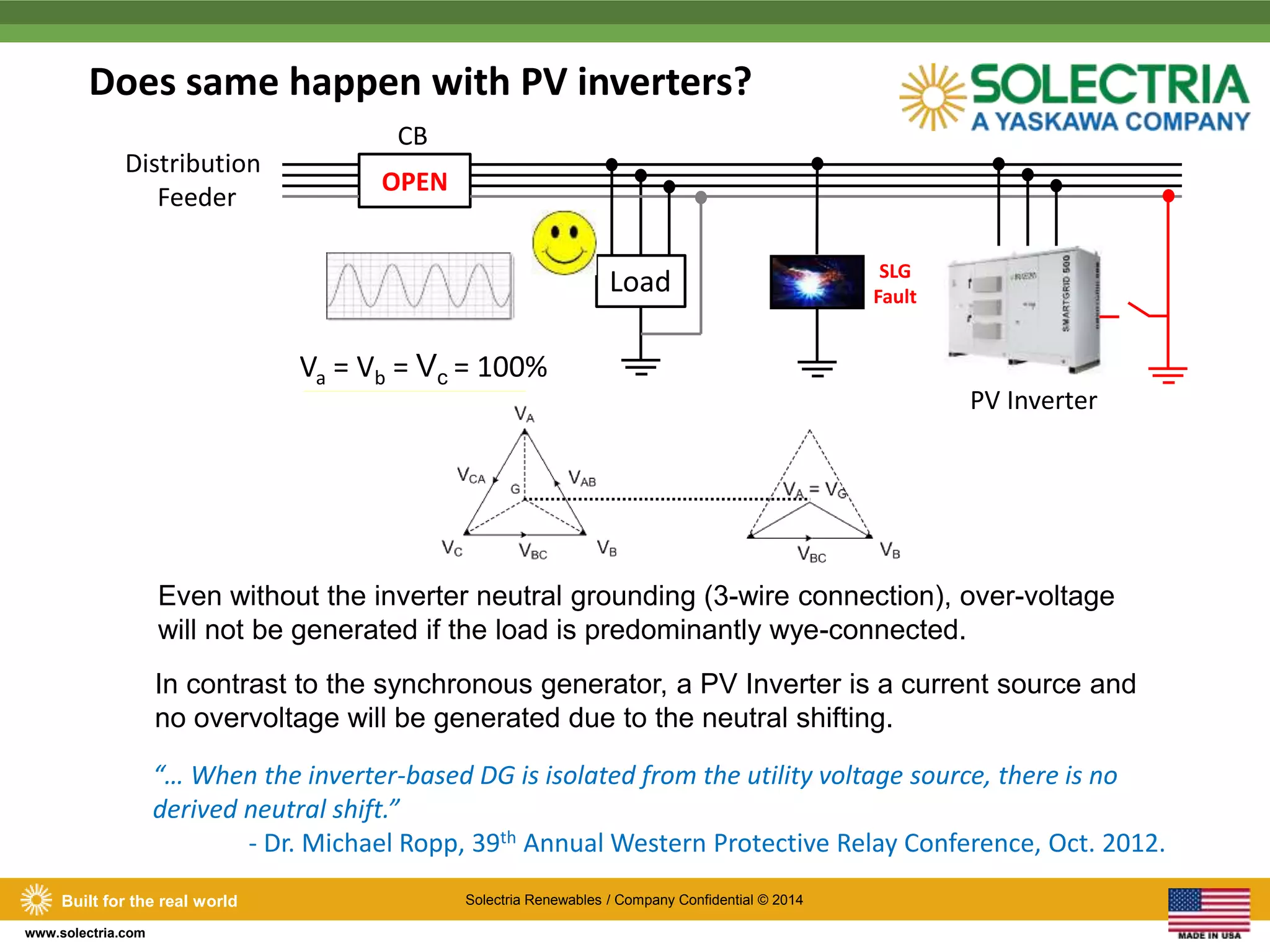 Does same happen with PV inverters? 
Distribution 
CB 
Va = Vb = Vc = 100% 
Even without the inverter neutral grounding (3-wire connection), over-voltage 
will not be generated if the load is predominantly wye-connected. 
Built for the real world Solectria Renewables / Company Confidential © 2014 
www.solectria.com 
Feeder 
Load 
COLOPSEEND 
SLG 
Fault 
PV Inverter 
Vb = Vc = 100% 
In contrast to the synchronous generator, a PV Inverter is a current source and 
no overvoltage will be generated due to the neutral shifting. 
“… When the inverter-based DG is isolated from the utility voltage source, there is no 
derived neutral shift.” 
- Dr. Michael Ropp, 39th Annual Western Protective Relay Conference, Oct. 2012. 
 